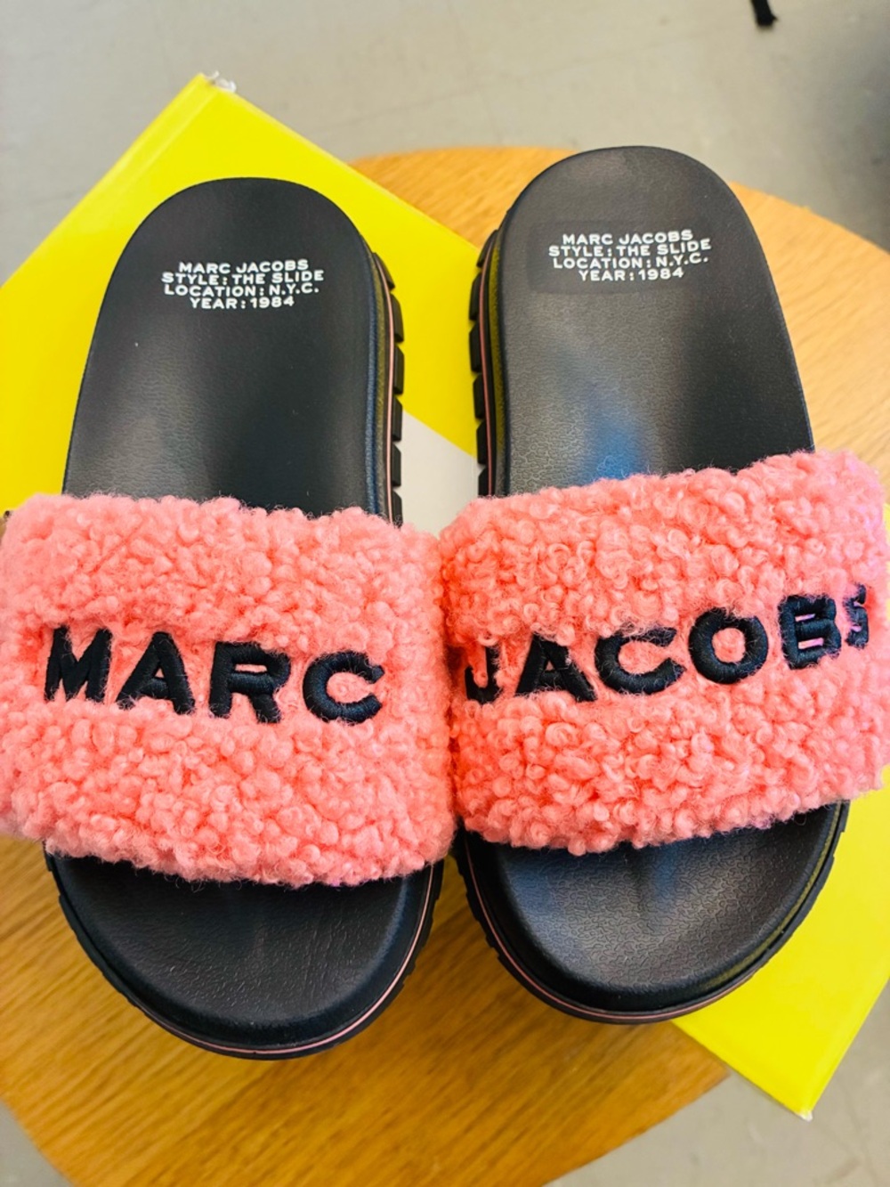 Marc Jacobs Pink Sherpa Slide Sandals with Black Soles